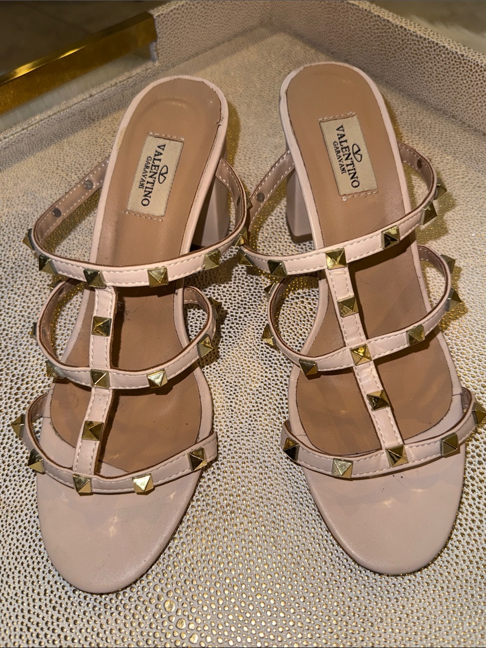Valentino  Pale Pink Studded Strappy Block Heel Sandals 39